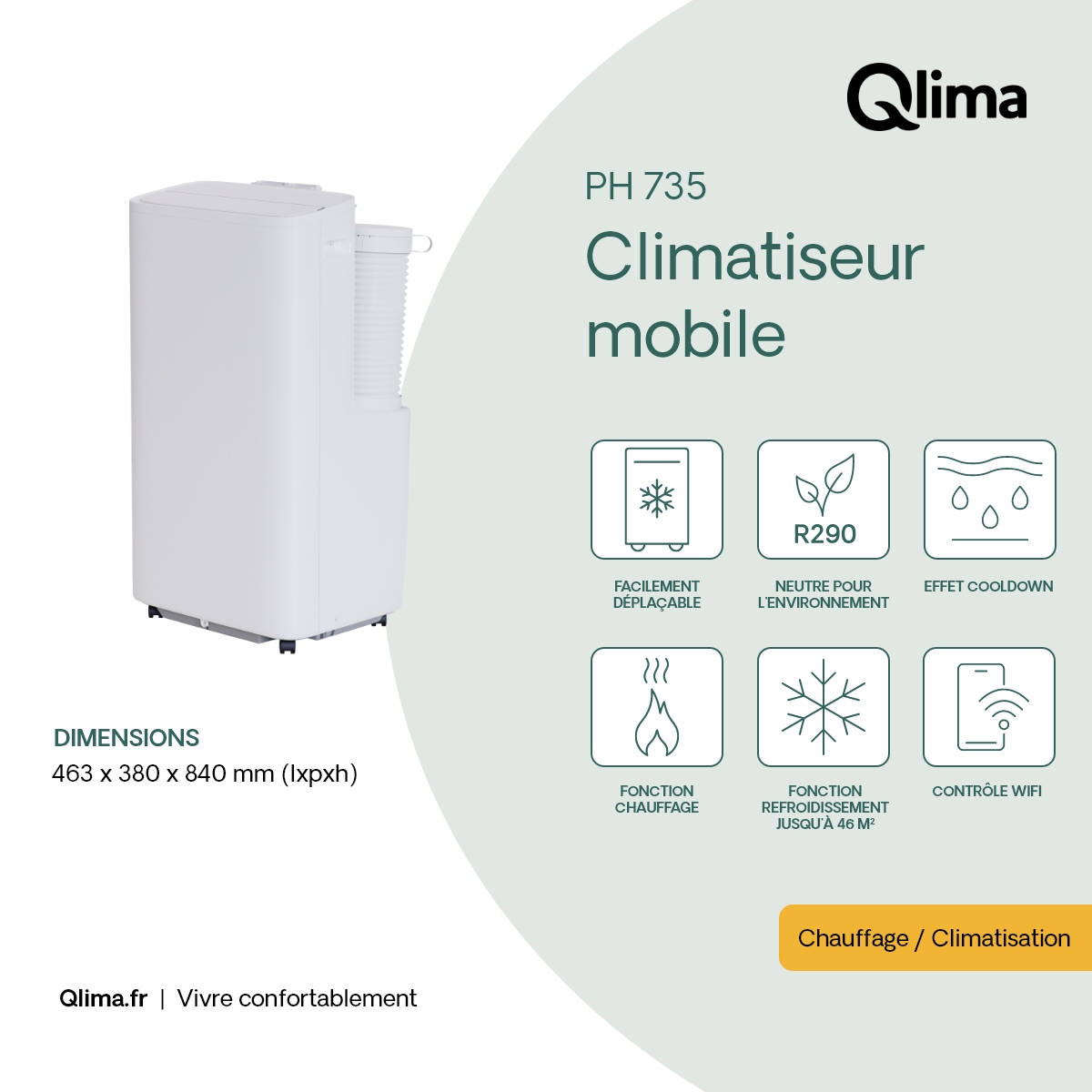 Climatiseur mobile réversible connecté QLIMA Ph7 2600/2400W 8892/8208BTU – Image 9